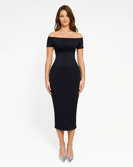 Vestito modellante con scollo alla Bardot