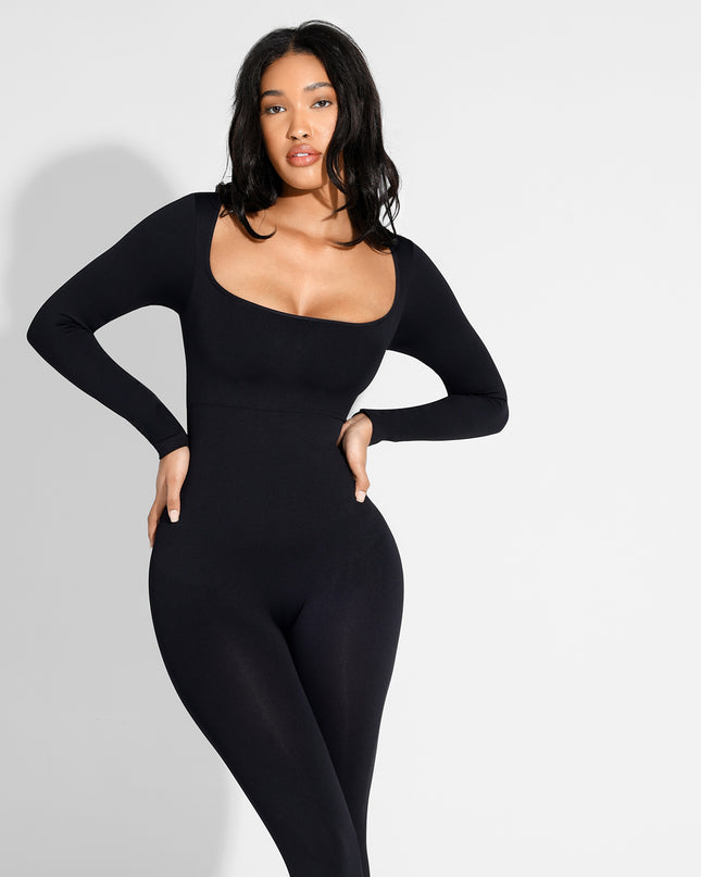 Tuta modellante intera a maniche lunghe e scollo quadrato